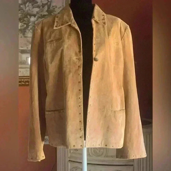 DAVID BROOKS Pig Suede Leather Jacket Women Studded Western Boho Brown S 18 - Picture 1 of 16